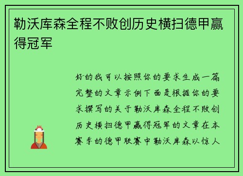 勒沃库森全程不败创历史横扫德甲赢得冠军